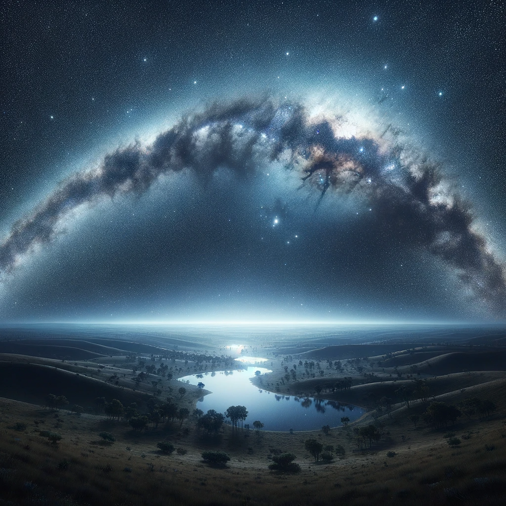 DALL·E 2023 12 27 13.03.01   Photorealistic image of a night landscape with the full arc of the Milky Way. The sky is filled with countless stars, with the Milky Way's band stretc